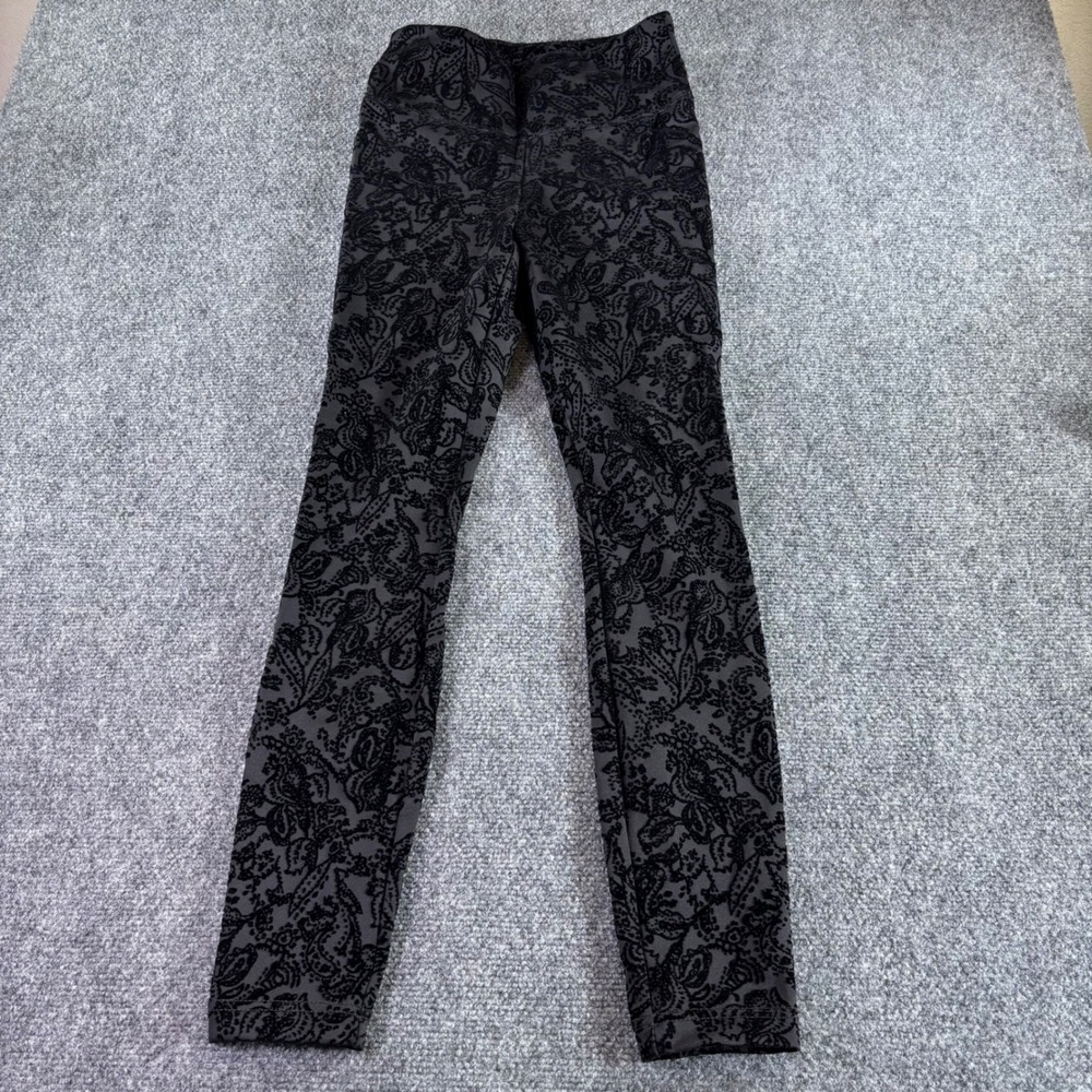 WHBM Runway Legging Womens 4 Black Grey Velvet Paisley Flocked High Rise Pants
